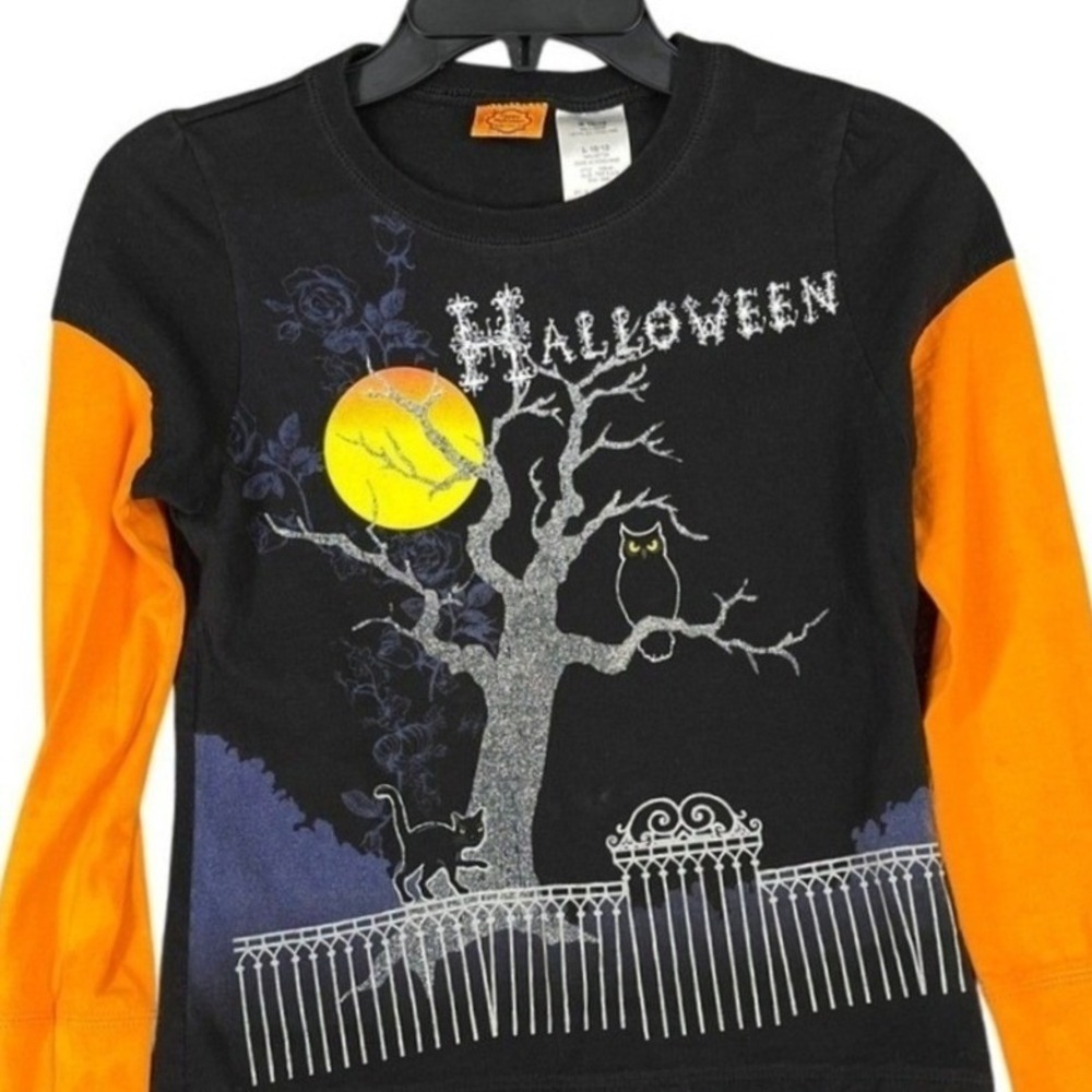 Happy Halloween Long Sleeve Shirt Girls L 10/12 Glitter Tree Graphic Fall Tee